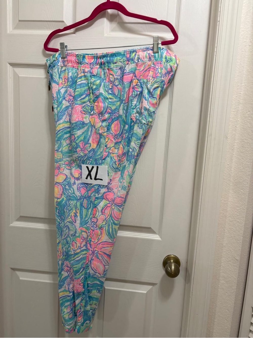 Lilly Pulitzer Linen Drawstring Beach Pants XL Tropical Floral Resort Pull-on